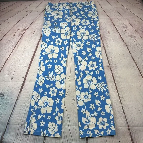 ASOS Design Pants Womens 8 Blue White Hawaiian Floral Hibiscus Straight Leg - Picture 10 of 11